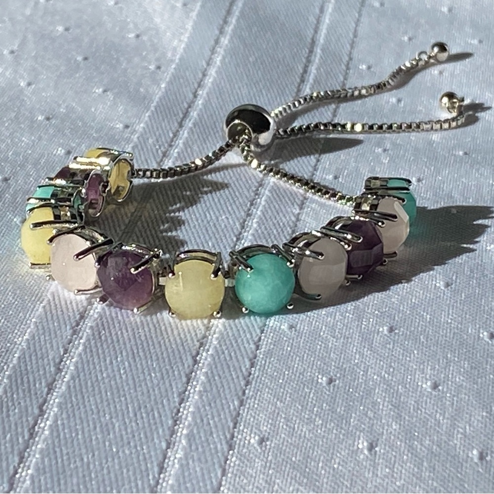 Multi Gemstone Slider Adjustable Silver Tone Brac… - image 3